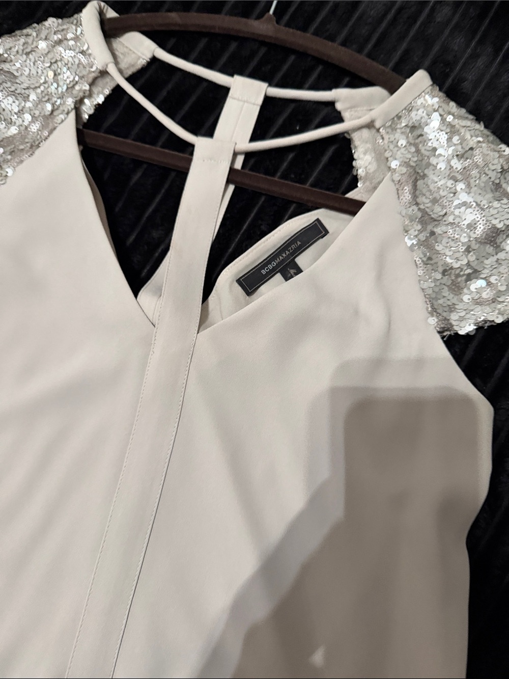 BCBGMaxAzria Cream Sequin-Shoulder Sleeveless Camisole
